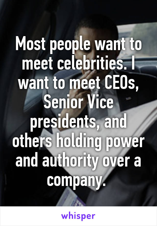 Most people want to meet celebrities. I want to meet CEOs, Senior Vice presidents, and others holding power and authority over a company. 