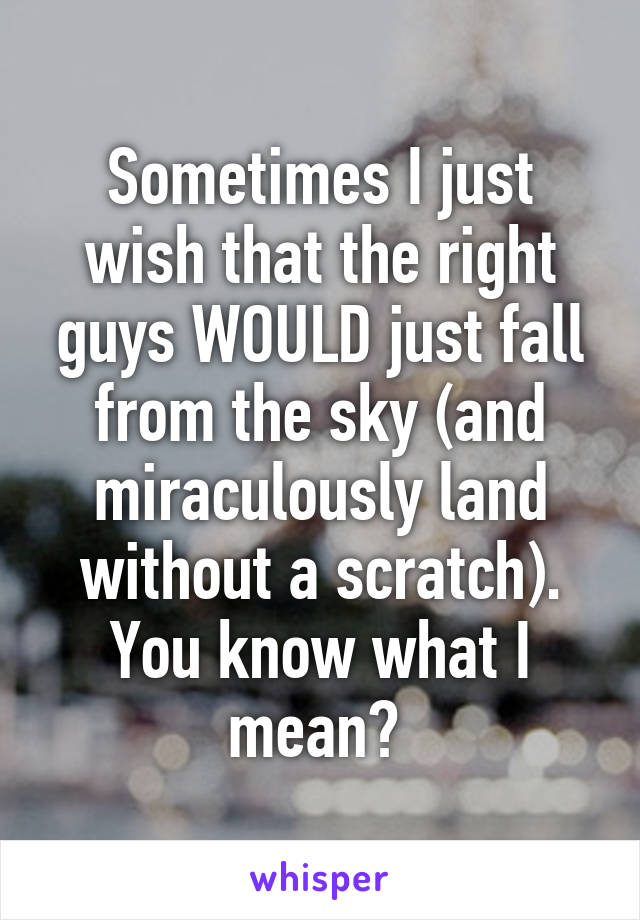 Sometimes I just wish that the right guys WOULD just fall from the sky (and miraculously land without a scratch). You know what I mean? 