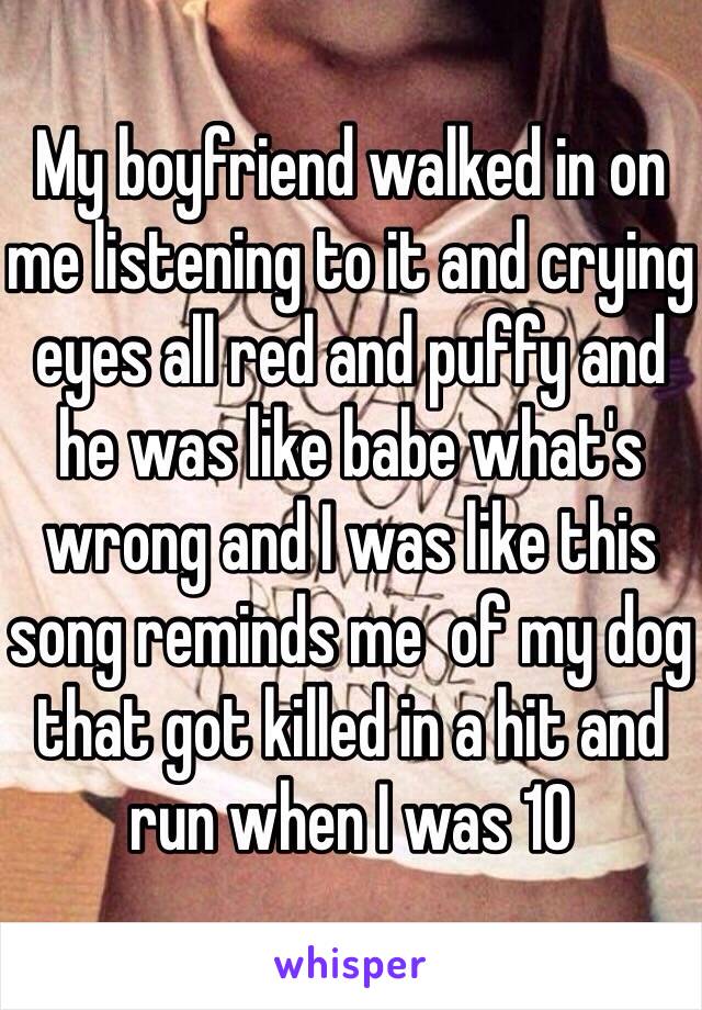 My boyfriend walked in on me listening to it and crying eyes all red and puffy and he was like babe what's wrong and I was like this song reminds me  of my dog that got killed in a hit and run when I was 10 