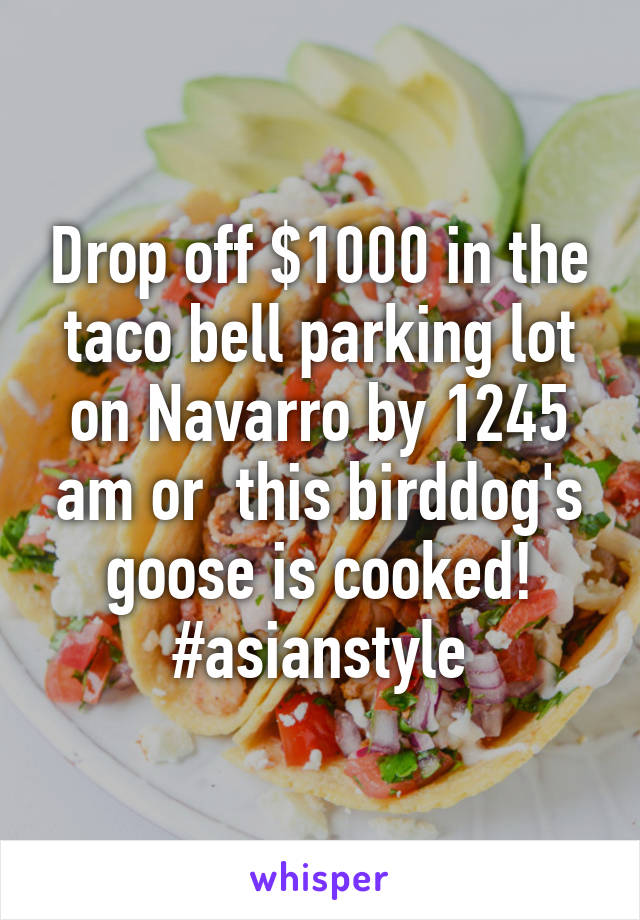 Drop off $1000 in the taco bell parking lot on Navarro by 1245 am or  this birddog's goose is cooked!
#asianstyle