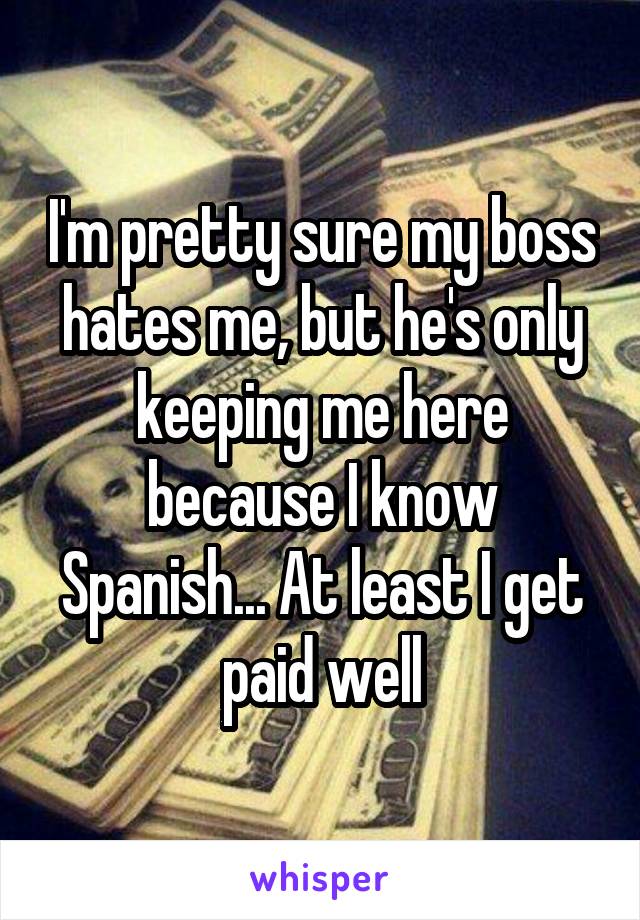I'm pretty sure my boss hates me, but he's only keeping me here because I know Spanish... At least I get paid well