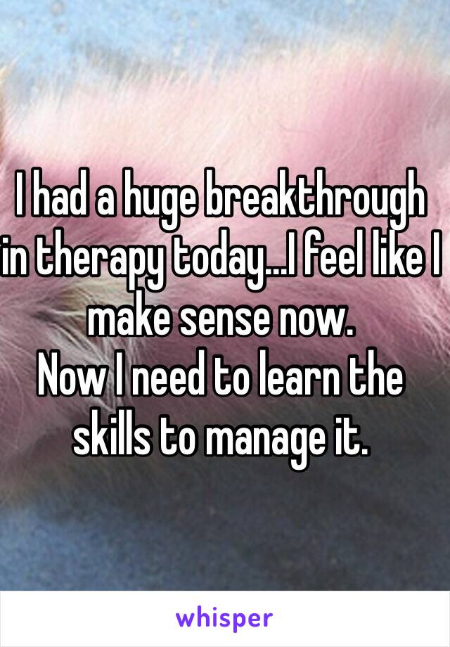 I had a huge breakthrough in therapy today...I feel like I make sense now.
Now I need to learn the skills to manage it.