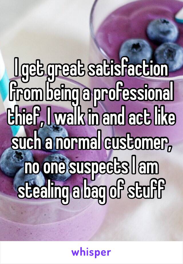 I get great satisfaction from being a professional thief, I walk in and act like such a normal customer, no one suspects I am stealing a bag of stuff 