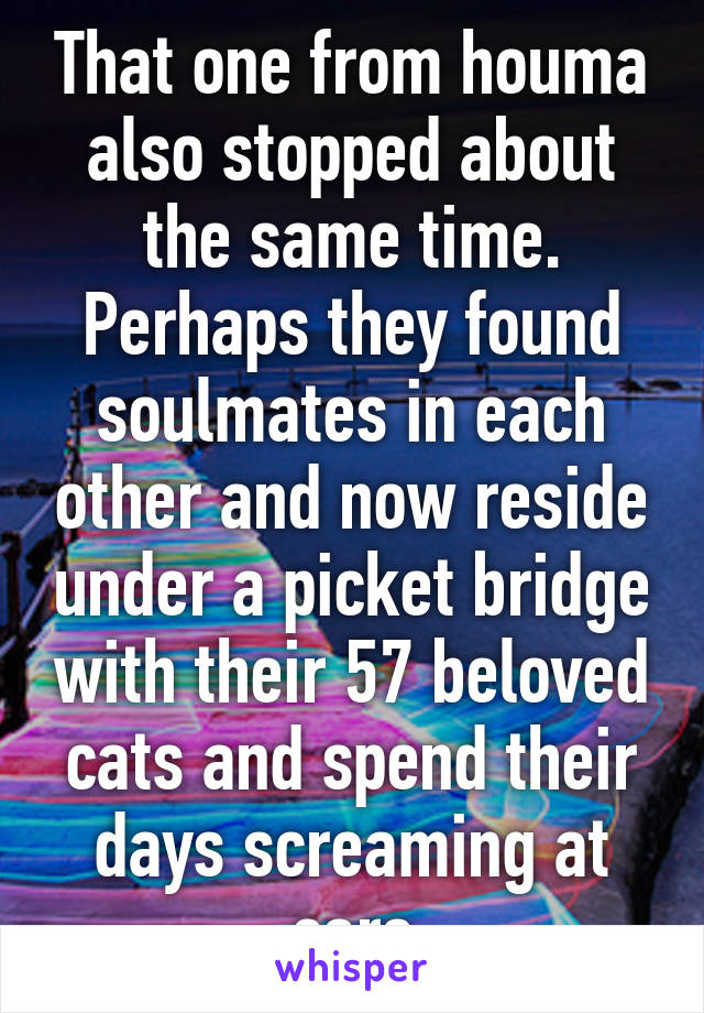 That one from houma also stopped about the same time. Perhaps they found soulmates in each other and now reside under a picket bridge with their 57 beloved cats and spend their days screaming at cars