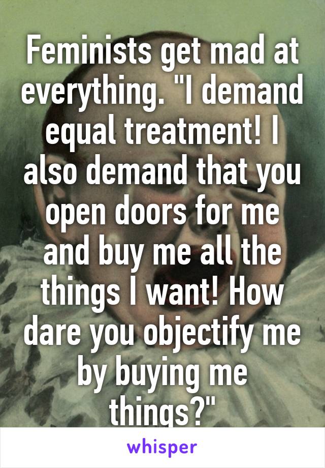 Feminists get mad at everything. "I demand equal treatment! I also demand that you open doors for me and buy me all the things I want! How dare you objectify me by buying me things?"
