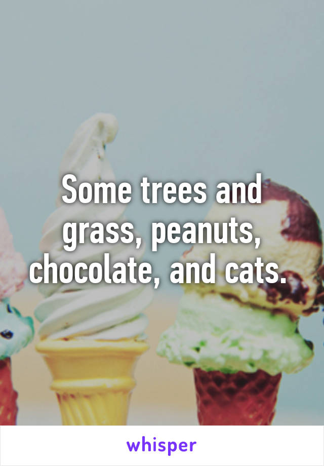 Some trees and grass, peanuts, chocolate, and cats. 