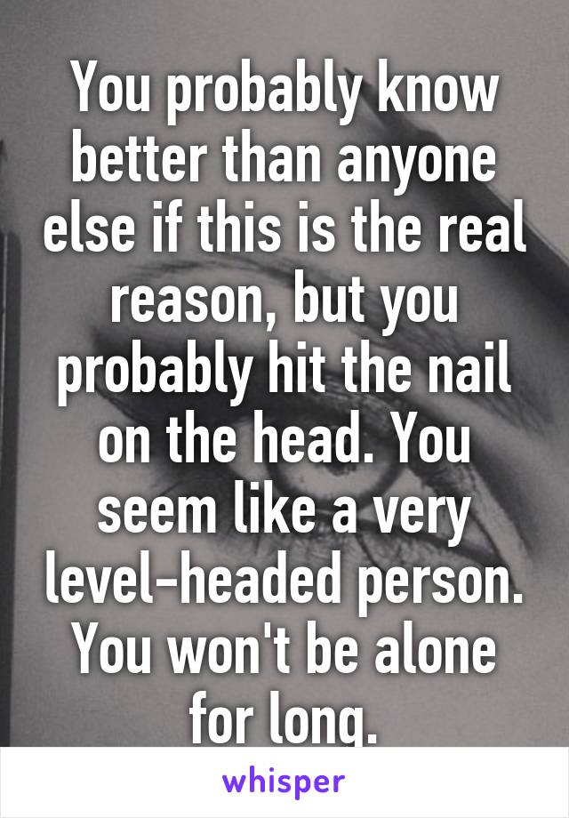 You probably know better than anyone else if this is the real reason, but you probably hit the nail on the head. You seem like a very level-headed person. You won't be alone for long.