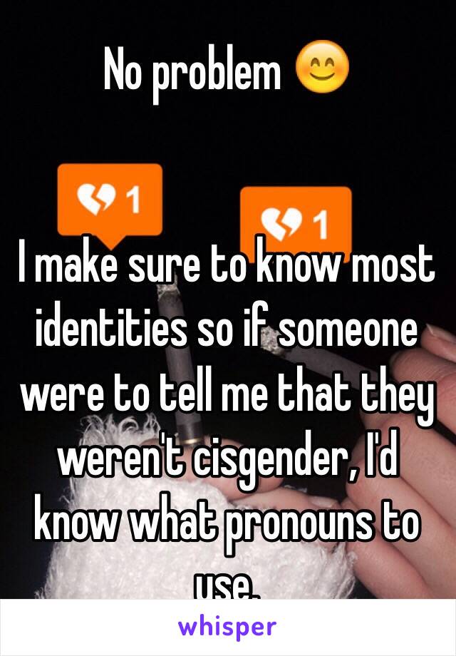 No problem 😊


I make sure to know most identities so if someone were to tell me that they weren't cisgender, I'd know what pronouns to use.
