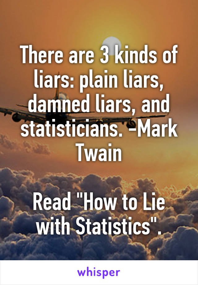 There are 3 kinds of liars: plain liars, damned liars, and statisticians. -Mark Twain

Read "How to Lie with Statistics".