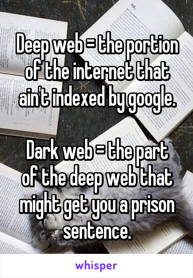Deep web = the portion of the internet that ain't indexed by google.

Dark web = the part of the deep web that might get you a prison sentence.