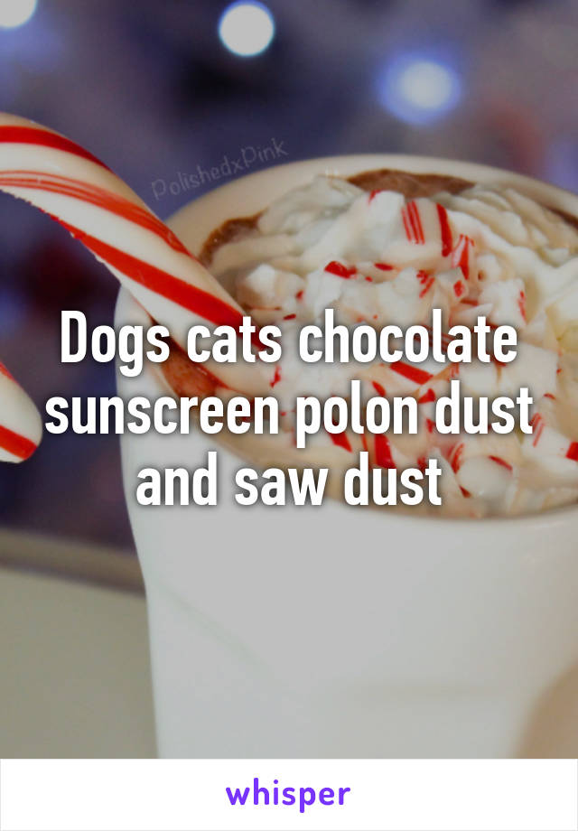 Dogs cats chocolate sunscreen polon dust and saw dust