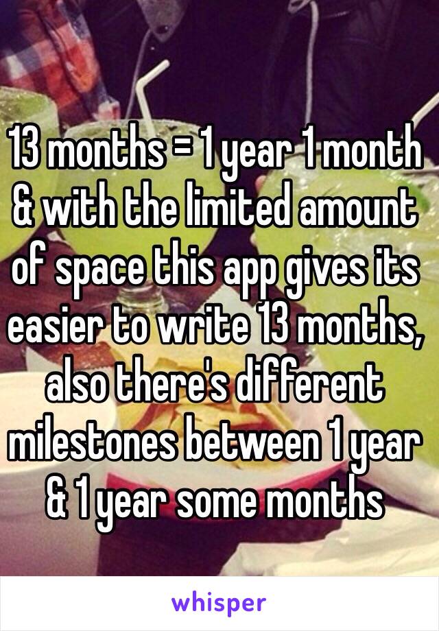 13 months = 1 year 1 month & with the limited amount of space this app gives its easier to write 13 months, also there's different milestones between 1 year & 1 year some months 