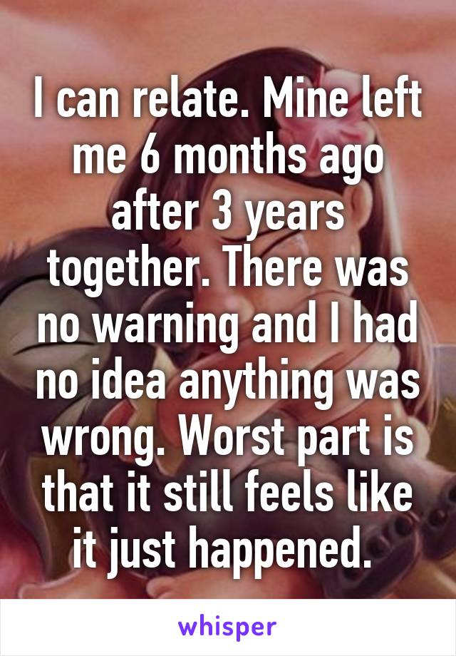 I can relate. Mine left me 6 months ago after 3 years together. There was no warning and I had no idea anything was wrong. Worst part is that it still feels like it just happened. 