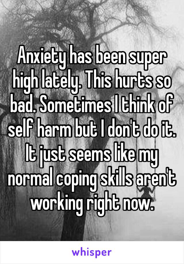Anxiety has been super high lately. This hurts so bad. Sometimes I think of self harm but I don't do it. It just seems like my normal coping skills aren't working right now.