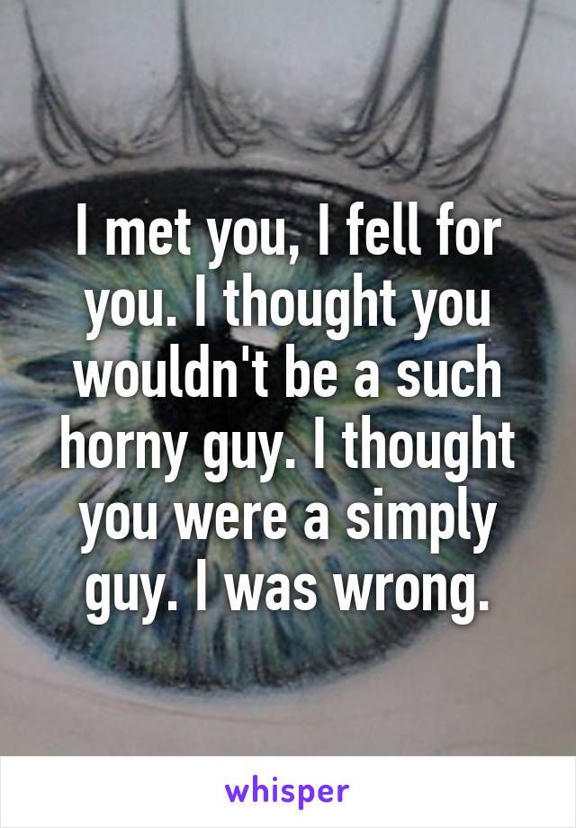 I met you, I fell for you. I thought you wouldn't be a such horny guy. I thought you were a simply guy. I was wrong.