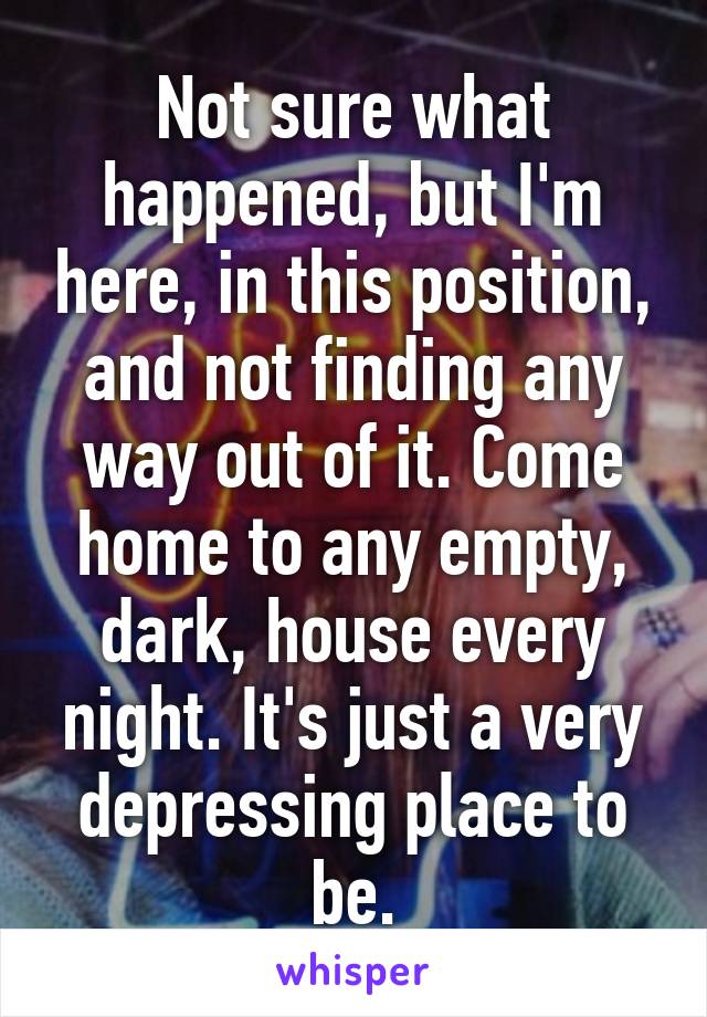 Not sure what happened, but I'm here, in this position, and not finding any way out of it. Come home to any empty, dark, house every night. It's just a very depressing place to be.