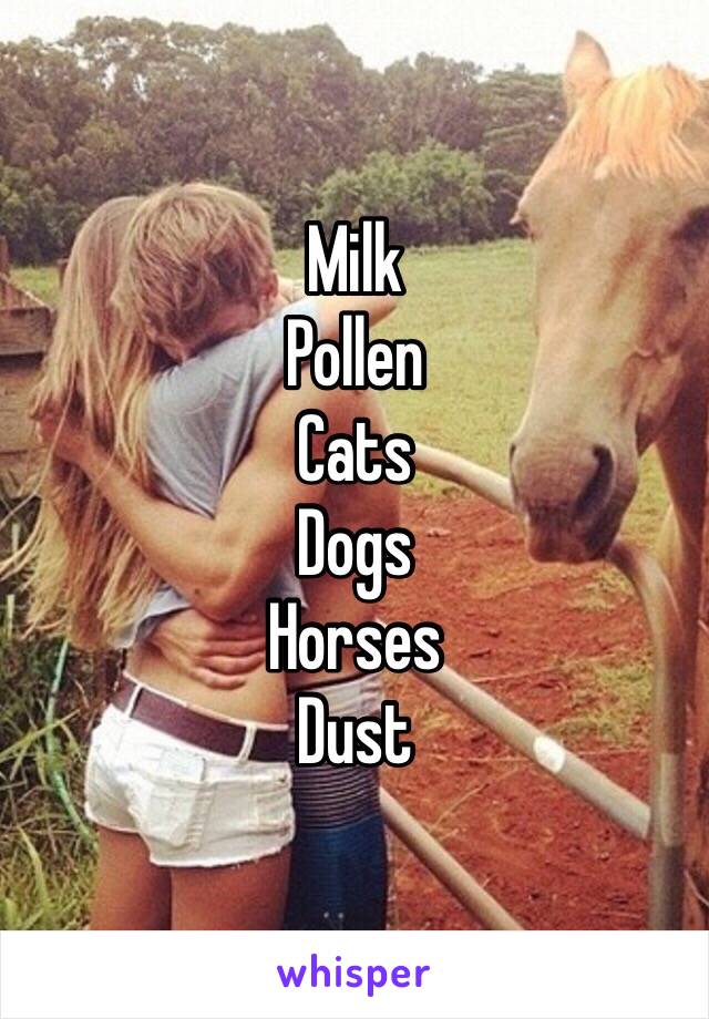 Milk
Pollen
Cats
Dogs
Horses
Dust