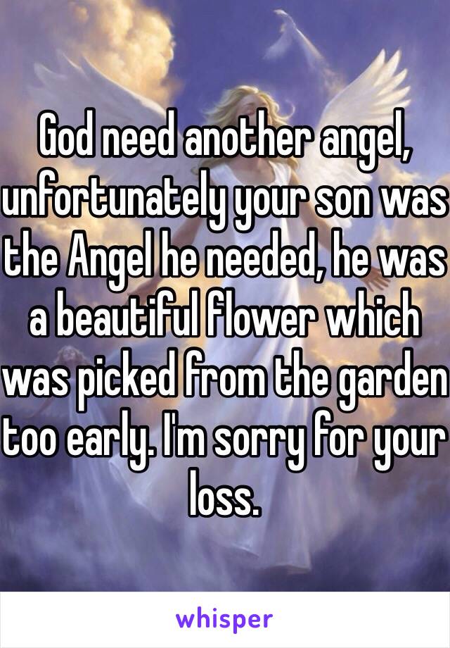 God need another angel, unfortunately your son was the Angel he needed, he was a beautiful flower which was picked from the garden too early. I'm sorry for your loss. 