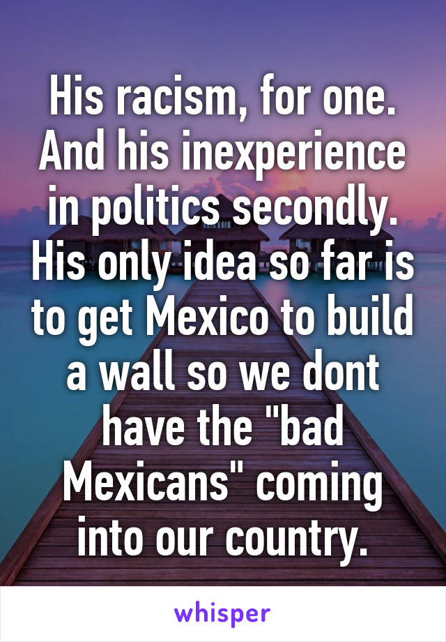 His racism, for one. And his inexperience in politics secondly. His only idea so far is to get Mexico to build a wall so we dont have the "bad Mexicans" coming into our country.