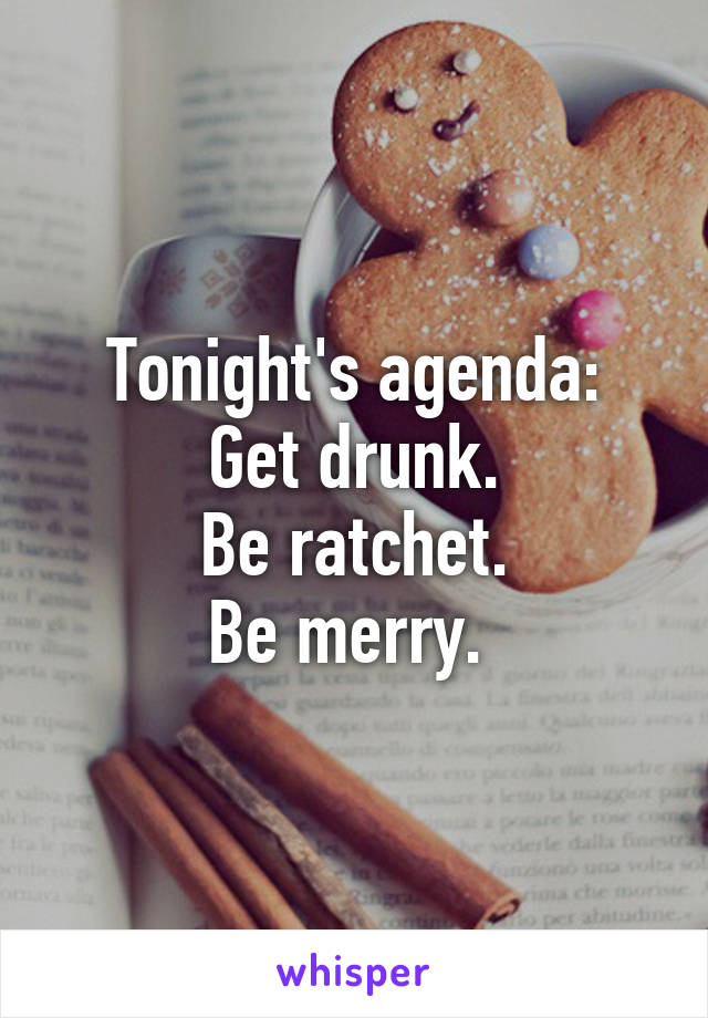 Tonight's agenda:
Get drunk.
Be ratchet.
Be merry. 