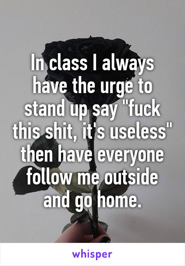 In class I always have the urge to stand up say "fuck this shit, it's useless" then have everyone follow me outside and go home.