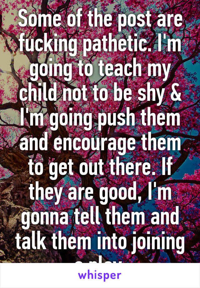 Some of the post are fucking pathetic. I'm going to teach my child not to be shy & I'm going push them and encourage them to get out there. If they are good, I'm gonna tell them and talk them into joining a play.