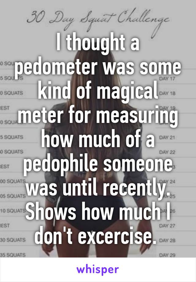 I thought a pedometer was some kind of magical meter for measuring how much of a pedophile someone was until recently. Shows how much I don't excercise. 