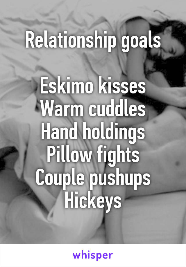 Relationship goals

Eskimo kisses
Warm cuddles
Hand holdings
Pillow fights
Couple pushups
Hickeys
