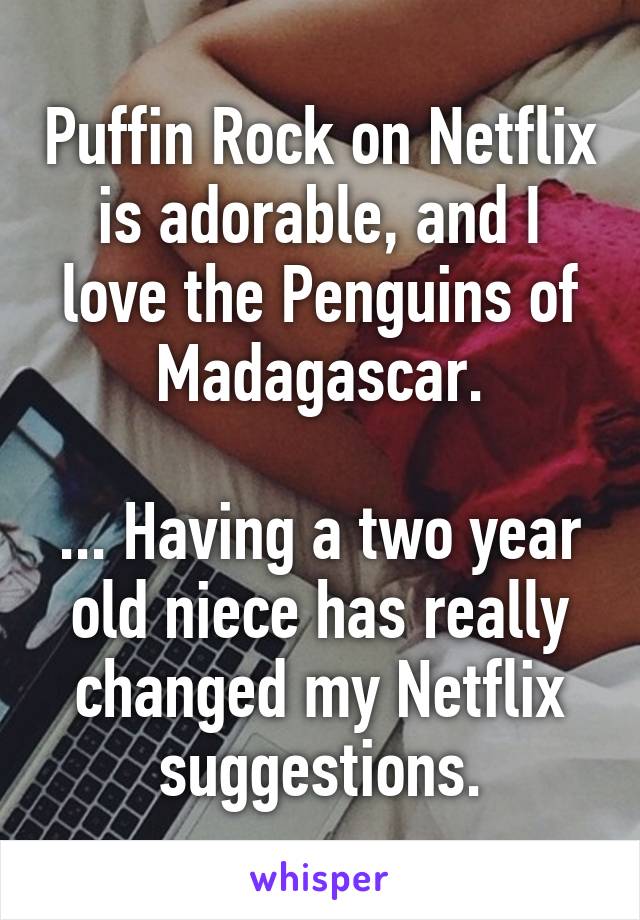 Puffin Rock on Netflix is adorable, and I love the Penguins of Madagascar.

... Having a two year old niece has really changed my Netflix suggestions.