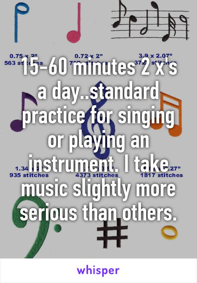 15-60 minutes 2 x's a day..standard practice for singing or playing an instrument. I take music slightly more serious than others.