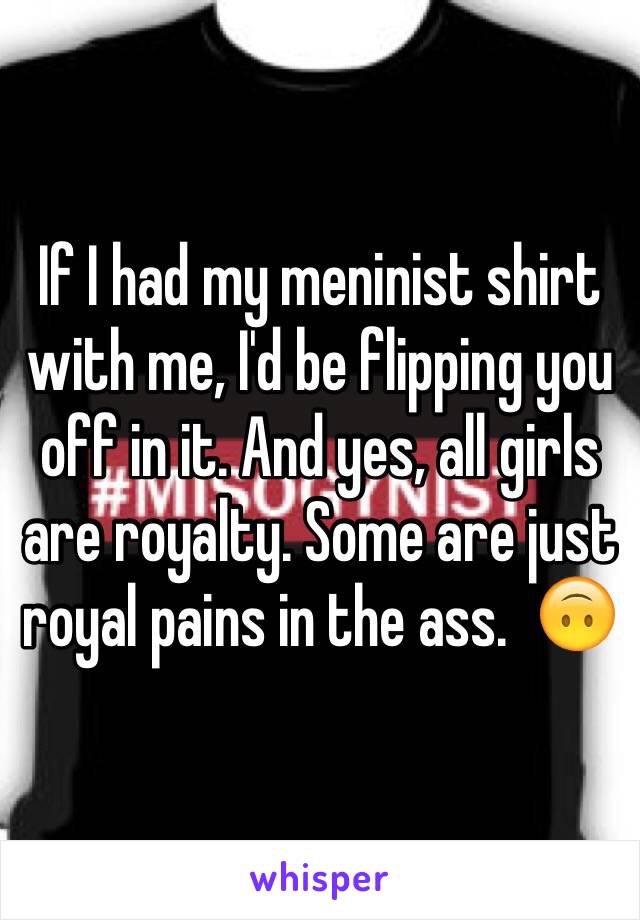 If I had my meninist shirt with me, I'd be flipping you off in it. And yes, all girls are royalty. Some are just royal pains in the ass.  🙃