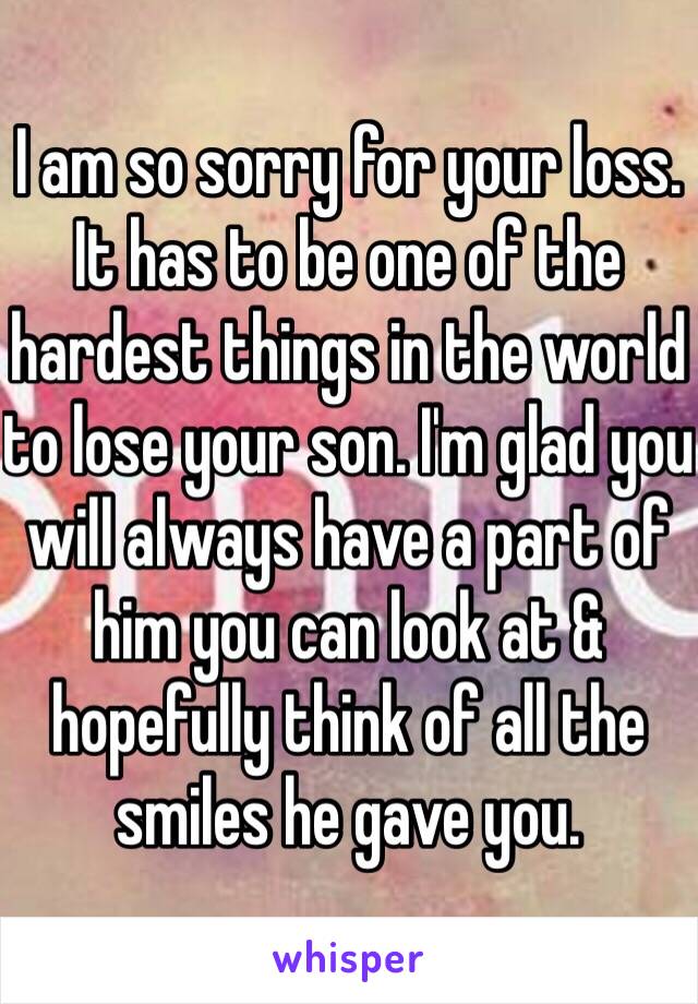 I am so sorry for your loss. It has to be one of the hardest things in the world to lose your son. I'm glad you will always have a part of him you can look at & hopefully think of all the smiles he gave you. 