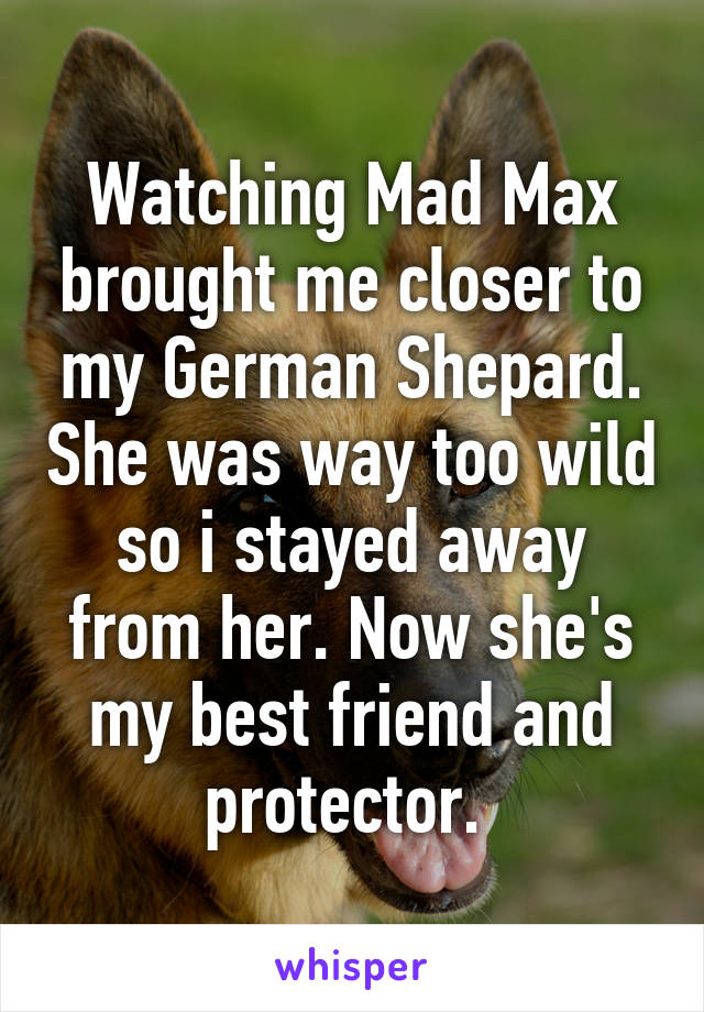 Watching Mad Max brought me closer to my German Shepard. She was way too wild so i stayed away from her. Now she's my best friend and protector. 