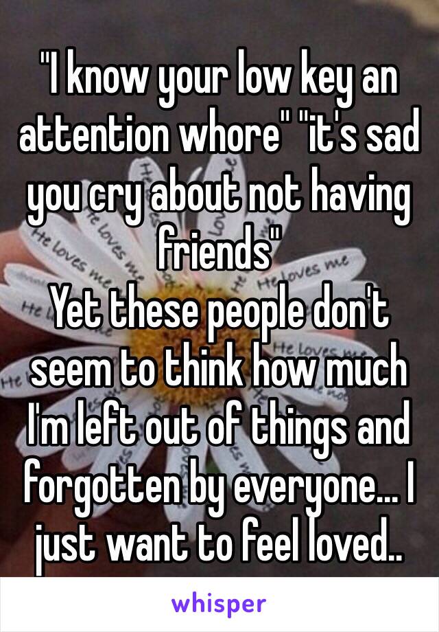 "I know your low key an attention whore" "it's sad you cry about not having friends" 
Yet these people don't seem to think how much I'm left out of things and forgotten by everyone... I just want to feel loved..