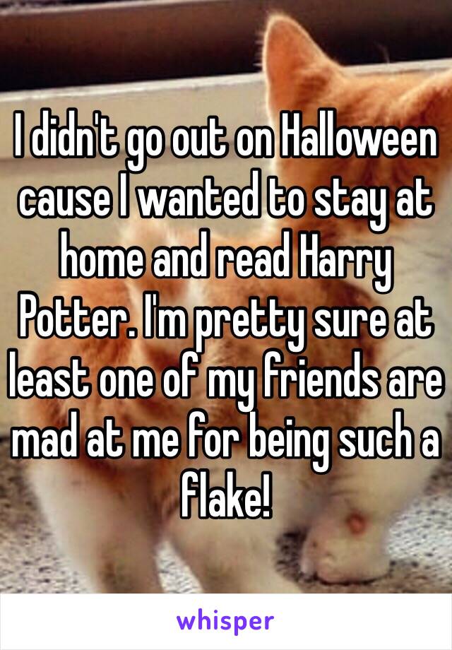 I didn't go out on Halloween cause I wanted to stay at home and read Harry Potter. I'm pretty sure at least one of my friends are mad at me for being such a flake! 