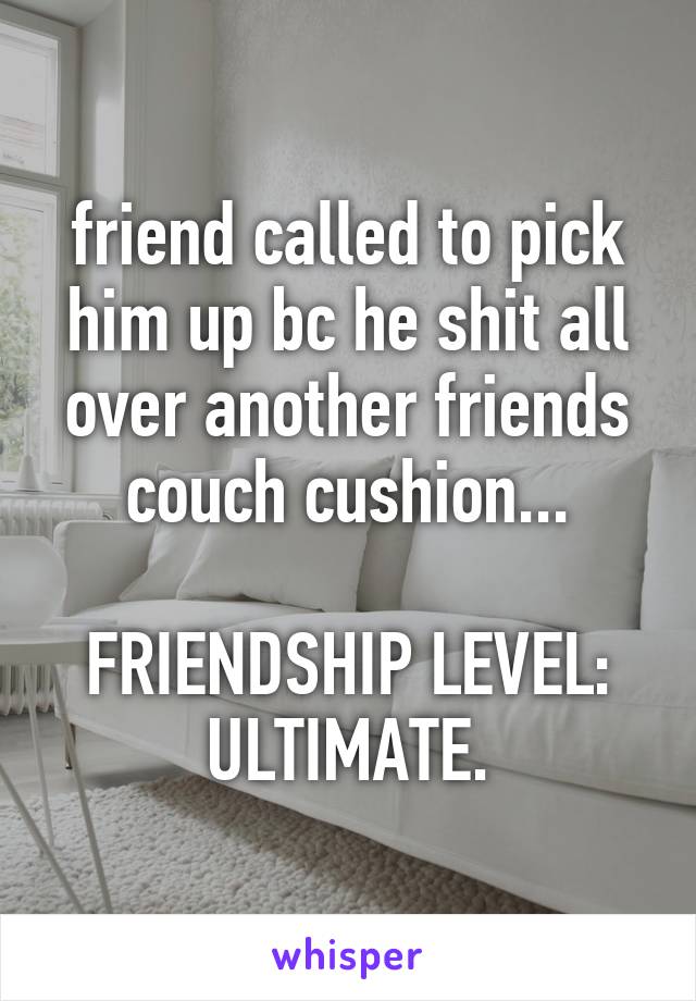 friend called to pick him up bc he shit all over another friends couch cushion...

FRIENDSHIP LEVEL:
ULTIMATE.