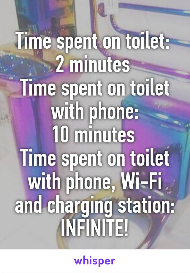 Time spent on toilet: 
2 minutes 
Time spent on toilet with phone:
10 minutes 
Time spent on toilet with phone, Wi-Fi and charging station:
INFINITE!