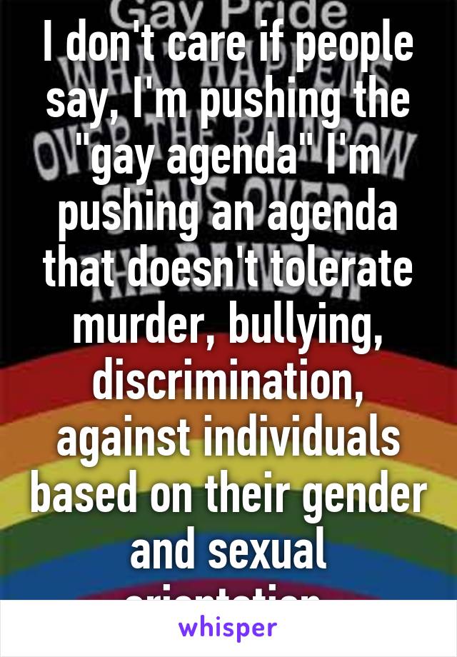 I don't care if people say, I'm pushing the "gay agenda" I'm pushing an agenda that doesn't tolerate murder, bullying, discrimination, against individuals based on their gender and sexual orientation.