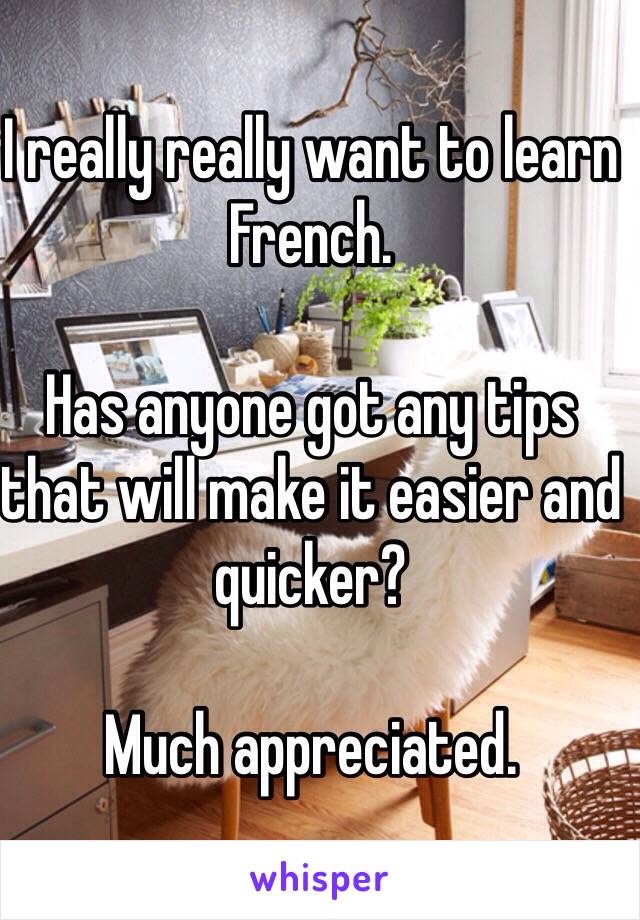 I really really want to learn French. 

Has anyone got any tips that will make it easier and quicker? 

Much appreciated.