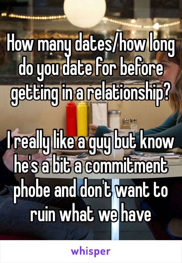 How many dates/how long do you date for before getting in a relationship?

I really like a guy but know he's a bit a commitment phobe and don't want to ruin what we have 