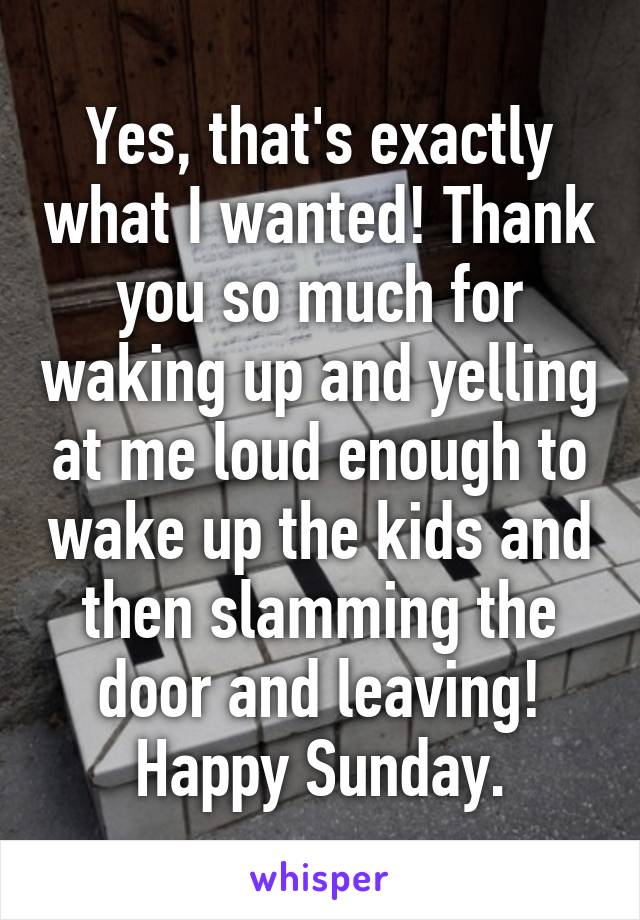 Yes, that's exactly what I wanted! Thank you so much for waking up and yelling at me loud enough to wake up the kids and then slamming the door and leaving! Happy Sunday.