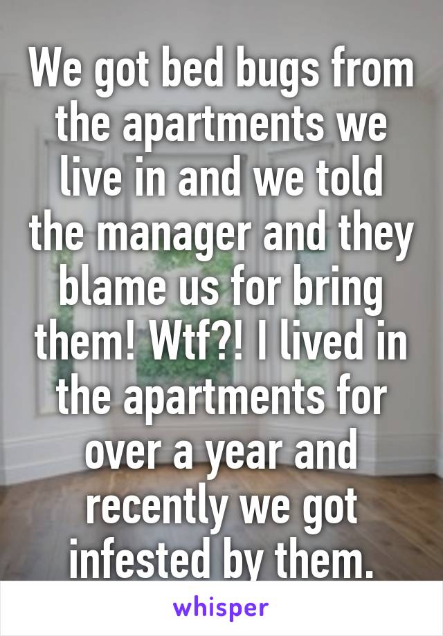 We got bed bugs from the apartments we live in and we told the manager and they blame us for bring them! Wtf?! I lived in the apartments for over a year and recently we got infested by them.