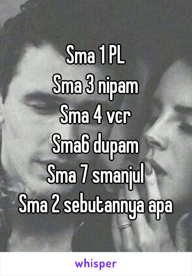 Sma 1 PL
Sma 3 nipam
Sma 4 vcr
Sma6 dupam
Sma 7 smanjul
Sma 2 sebutannya apa