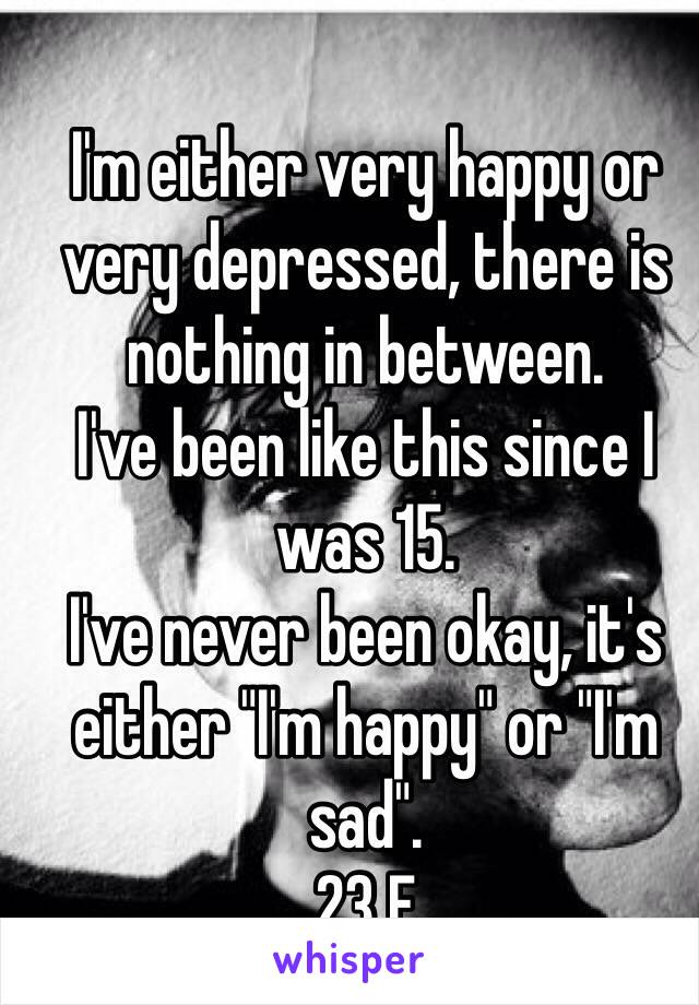 I'm either very happy or very depressed, there is nothing in between. 
I've been like this since I was 15. 
I've never been okay, it's either "I'm happy" or "I'm sad".
23 F