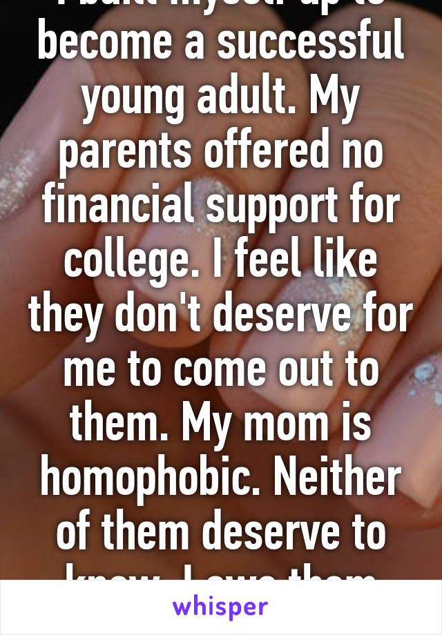 I built myself up to become a successful young adult. My parents offered no financial support for college. I feel like they don't deserve for me to come out to them. My mom is homophobic. Neither of them deserve to know. I owe them nothing.