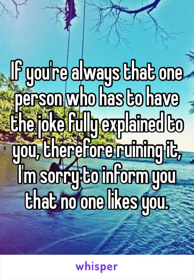 If you're always that one person who has to have the joke fully explained to you, therefore ruining it, I'm sorry to inform you that no one likes you. 