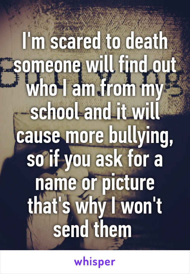 I'm scared to death someone will find out who I am from my school and it will cause more bullying, so if you ask for a name or picture that's why I won't send them 