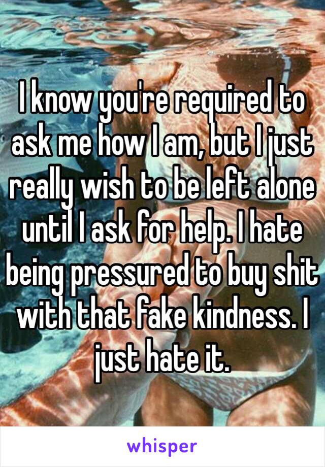 I know you're required to ask me how I am, but I just really wish to be left alone until I ask for help. I hate being pressured to buy shit with that fake kindness. I just hate it.