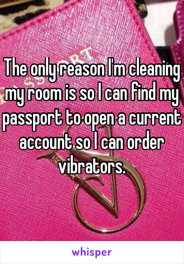 The only reason I'm cleaning my room is so I can find my passport to open a current account so I can order vibrators. 

