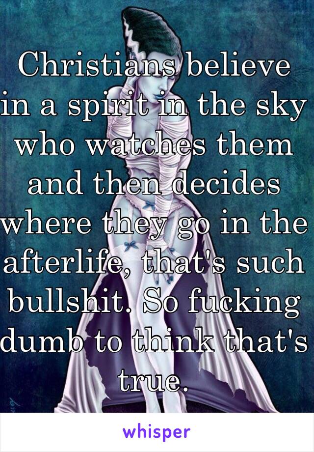 Christians believe in a spirit in the sky who watches them and then decides where they go in the afterlife, that's such bullshit. So fucking dumb to think that's true. 